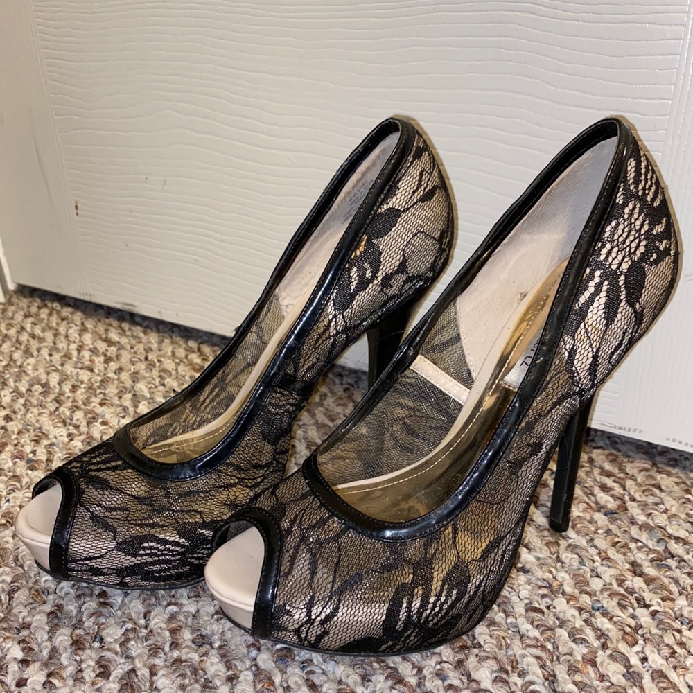 Black lace open-toed heels